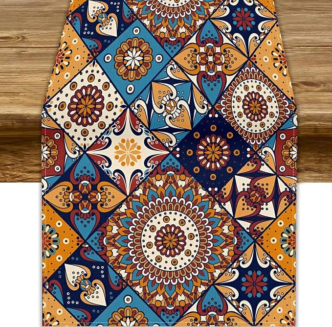 Vintage Mandala Table Runner, Bohemian Brown Blue Tile Traditional Indian Flowers Table Runner for Kitchen Dining Table Office Wedding Party Holiday Home Decor, 13x60inch