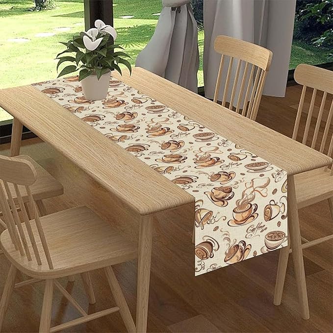 Coffee Time Table Runner, Farmhouse Retro Coffee Cup Tea Party Cafe Table Center Decor for Home Kitchen Dining Patio Holiday Party Indoor Outdoor Table Decorations,13"x36" Inch