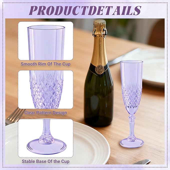 Plastic Champagne Flutes, 12PCS Purple Wine Glasses Goblets Cups Reusable Flute, for Weddings Bachelor Parties Toasting and Events(12,Purple)