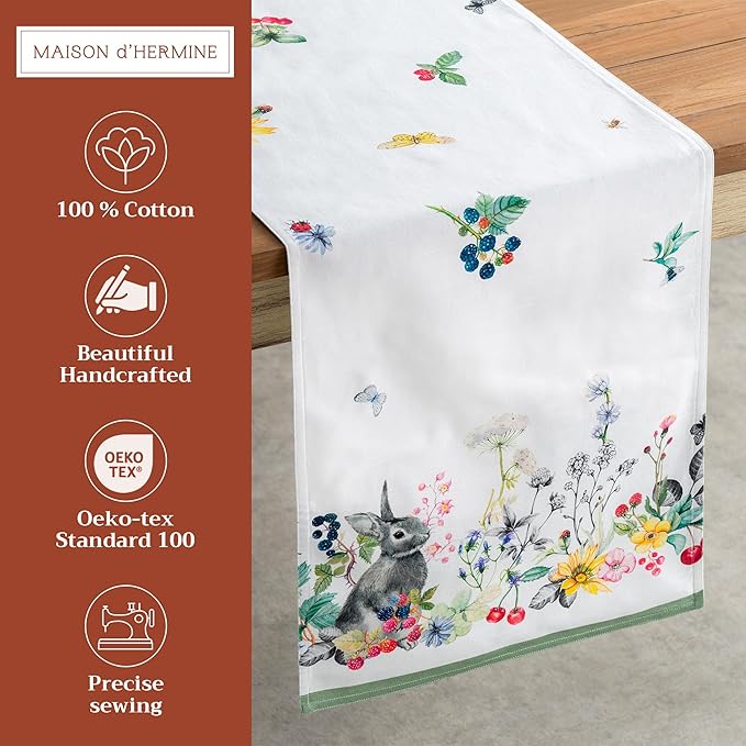 Maison d' Hermine Table Runner 100% Cotton Double Layer Table Runners 108 inches Long Decorative for Kitchen Dining Party Baby Shower Wedding Bridal Shower Spring Summer (Printemps, 14.50" x 108")