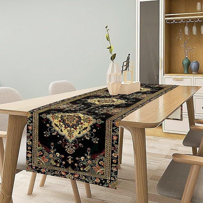 Colorful Boho Flower Table Runner, Vintage Rustic Farmhouse Paisley Hand Drawing Print Pattern for Home Kitchen Table Decor Dining Coffee Room Garden Party Decor 13x60in