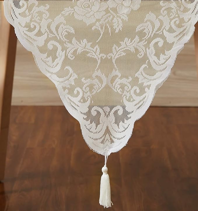 LinenZone Ivory Table Runner with 2 Tassels for Rustic Vintage Decor. Lace Table Runner Works Great As Wedding, Thanksgiving, Christmas Decor (Mia 14 x 36, Ivory)