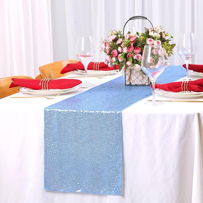 Sequin Table Runners 2 Pieces Baby Blue Table Runners 12x72 Inch Glitter Dining Table Cover for Party Wedding Birthday Reception Banquet Decoration Spring Party Chair Sashes