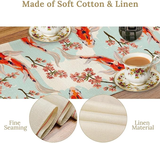 Japanese Kio Fish Table Runner Cherry Flower Art Printed Burlap Runner Home Kitchen Dining Table Living Room Decor Fabric 1 Panel W13xL70in