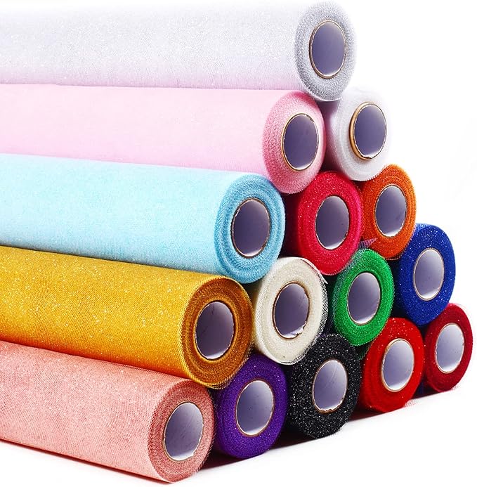 Sparkling Tulle Rolls, 15” by 30 Yards (90FT) Glitter Tulle Spool Ribbon Fabric for Wedding Birthday Bridal Shower Tutu Skirt Party Gift Wrapping (Fuchsia)