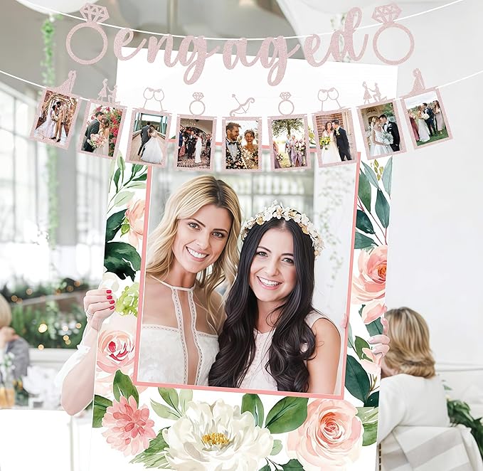 Pre-Strung Engaged Photo Banner - Rose Gold Glitter Engagement Party Decoration Supplies with Romantic Memories Picture Card Frames for Bachelorette, Bridal Shower, Wedding Party Photo Booth Props