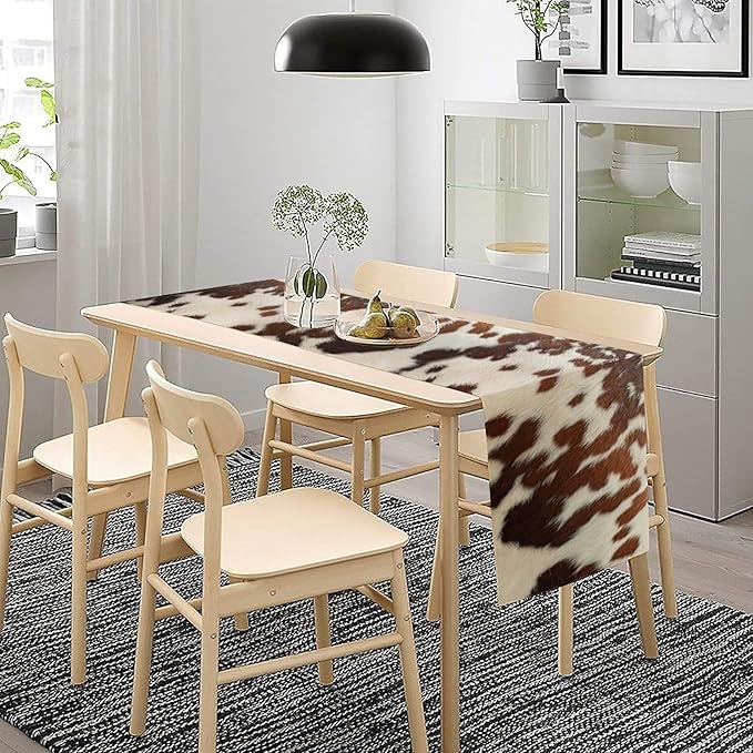 Farmhouse Cow Skin Print Table Runner, Safari Wildlife Brown Country Farm Cowhide Pattern Cotton Linen Rustic Cottage Table Runner for Dinning Home Party Holidays Home Setting, 13x120 Inch