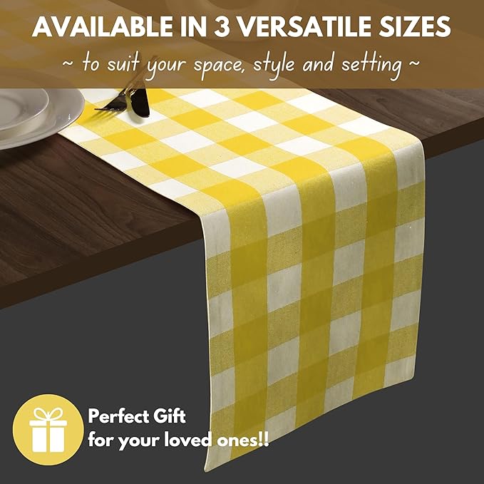 Native Fab Table Runner Buffalo Check Plaid 100% Cotton - 13x72 Inches Kitchen Dining Table Decoration for Indoor Outdoor Farmhouse Home Party Decor - Lemon Yellow and White
