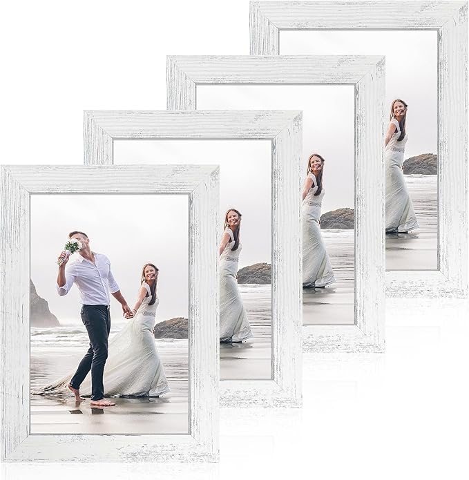 6x9 Picture Frame Set of 4, High Definition Glass Distressed White Frame, 6 x 9 Wood Photo Frames for Horizontal or Vertical Tabletop Display and Wall Mounting