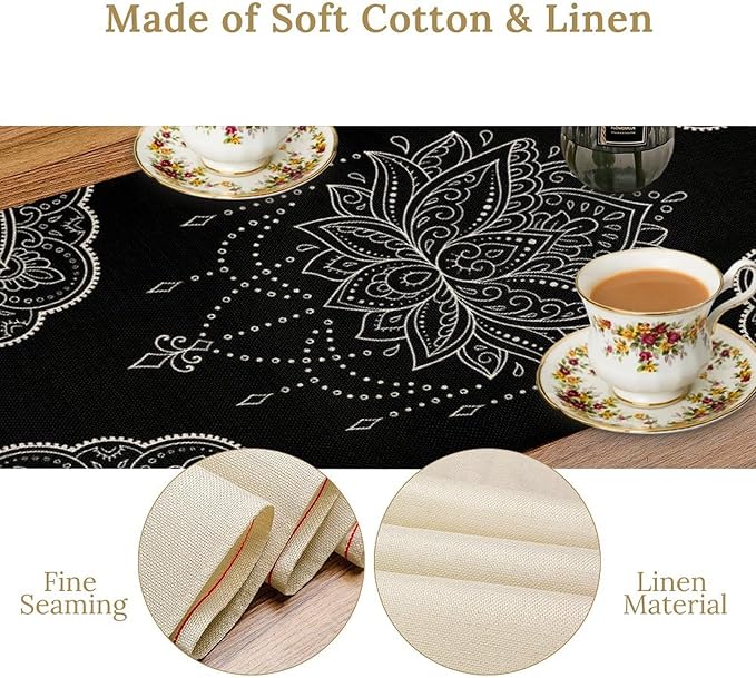 Lotus Flower Table Runner, Bohemian Ethnic Oriental Mandala Black White Floral Print Table Runner for Home Kitchen Dining Indoor Outdoor Dinner Party Decor, 13x60inch