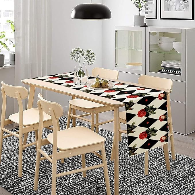 Vintage Rose Table Runner, Red Rose Hearts Black White Checkered Background Table Runner for Kitchen Dinning Table Runner Decor Home Wedding Party Holiday, 13x108 Inch