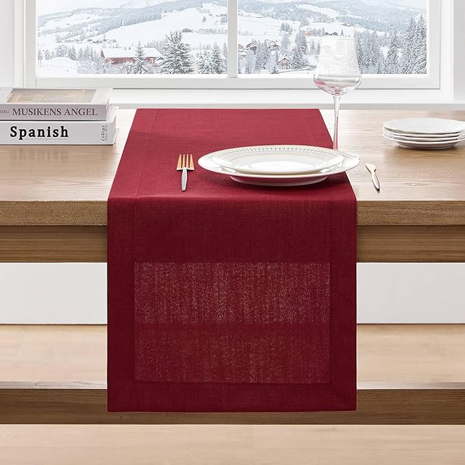 ZeeMart Linen Textured Border Table Runner, 14 x 48 Inch Red, Farmhouse Style Red Table Runners 48 Inches Long, Easy Care Everyday Polyester Table Runner