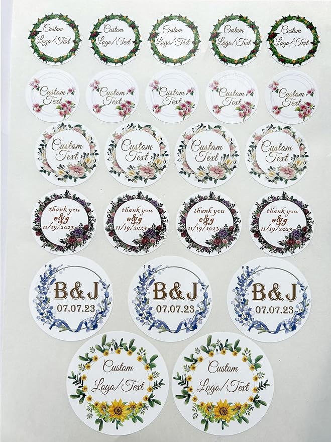 Custom Stickers for Weddings, Birthdays & Businesses - Personalized Labels with Your Logo - Waterproof, Fade and Heat Resistant - Pack of 100-1000 (Wreath W, 3 Inch)