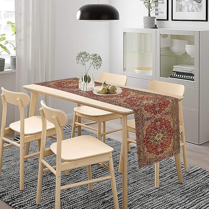 Vintage Boho Floral Table Runner, Rustic Country Farmhouse Red Gold Bohemia Flower Pattern for Home Kitchen Table Decor Dining Coffee Room Party Decor 13x60in