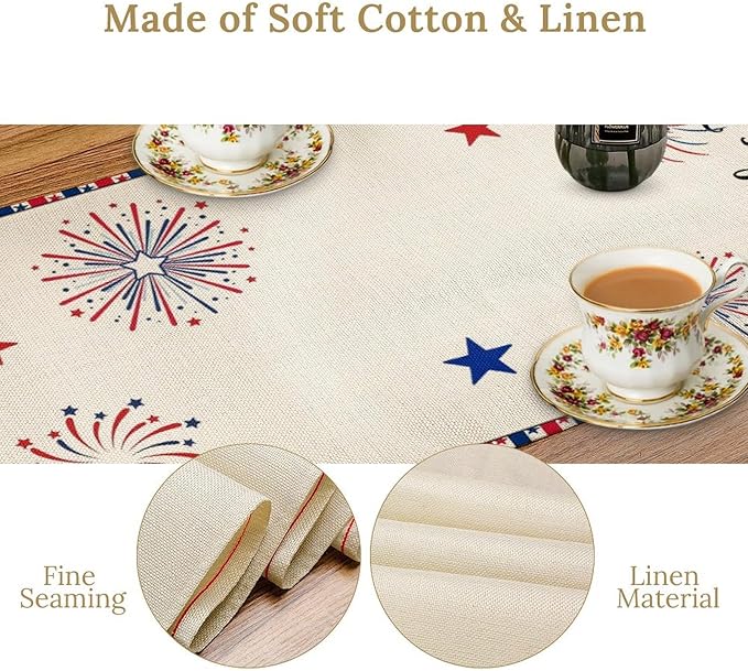 Cute Patriotic Gnomes Table Runner, American Independence Day 4th of July Gnome Blue Red Fireworks Confetti Print Table Runner for Home Kitchen Dining Table Party Decor, 13x108inch