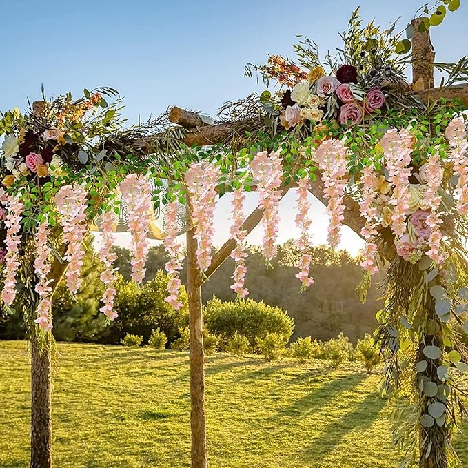 24 Pack Light Pink Wisteria Hanging Flowers Garland, 3.77 Feet Artificial Flower Vines, Fake Wisteria, Artificial Vines Hanging Garland for Backdrop Outdoor Yard Garden Decor