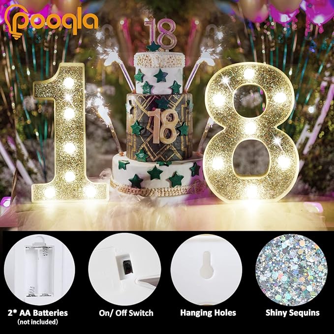 Pooqla Marquee Light up Numbers, Lighted Numbers for 6th Birthday Decorations, Night Light Battery Powered for Silver Party Decorations, Gift for Boys Girls Christmas Wedding Home Room Decoration