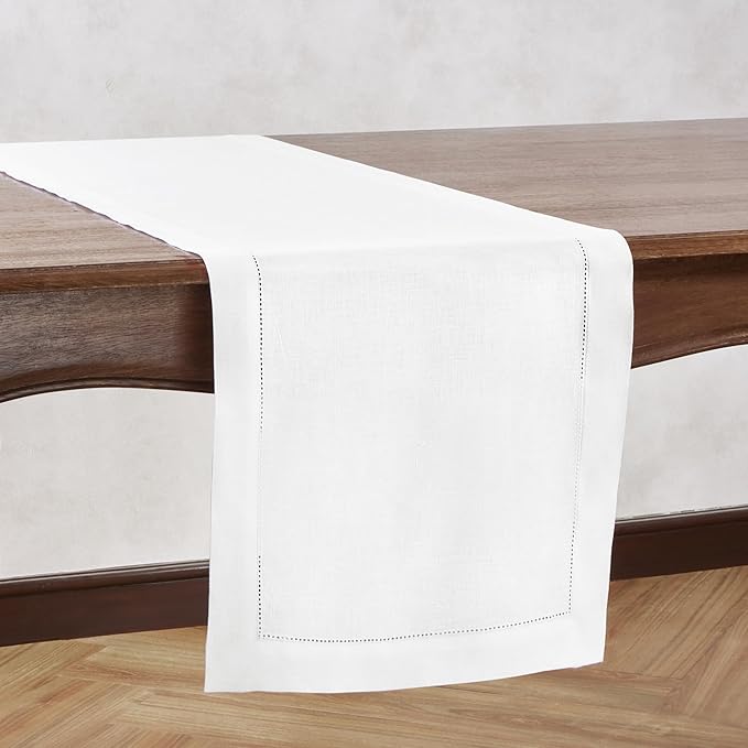 Off White Table Runner 36 inches – Medium Weight Hemstitch, 100% Pure Linen Coffee Table Runner 14 x 36 Inch Ideal for Dresser Tables – Azure, Spring, Summer, Wedding Gift