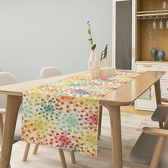 Mid Century Flower Table Runner, Colorful Geometric Abstract Chrysanthemum Vintage Farmhouse Decorations Orange Yellow Gray Table Runner for Kitchen Dining Holiday Party Decor, 13x90 Inch