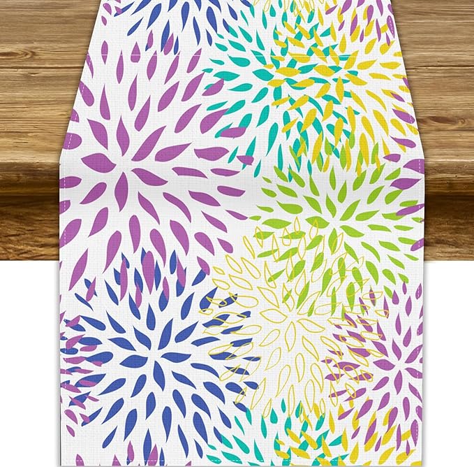 Purple Flowers Table Runner, Chrysanthemum Dahlia Vintage Modern Colorful Spring Summer Elegant Table Runner for Party Kitchen Dining Living Room Laundry Room Decor, 13x120 Inch