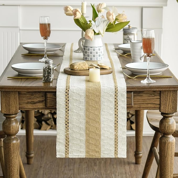 Artoid Mode Burlap Brown Farmhouse Woven Rustic Table Runner, Seasonal Holiday Hollow Kitchen Dining Table Decoration for Home Party Decor 12x108 Inch