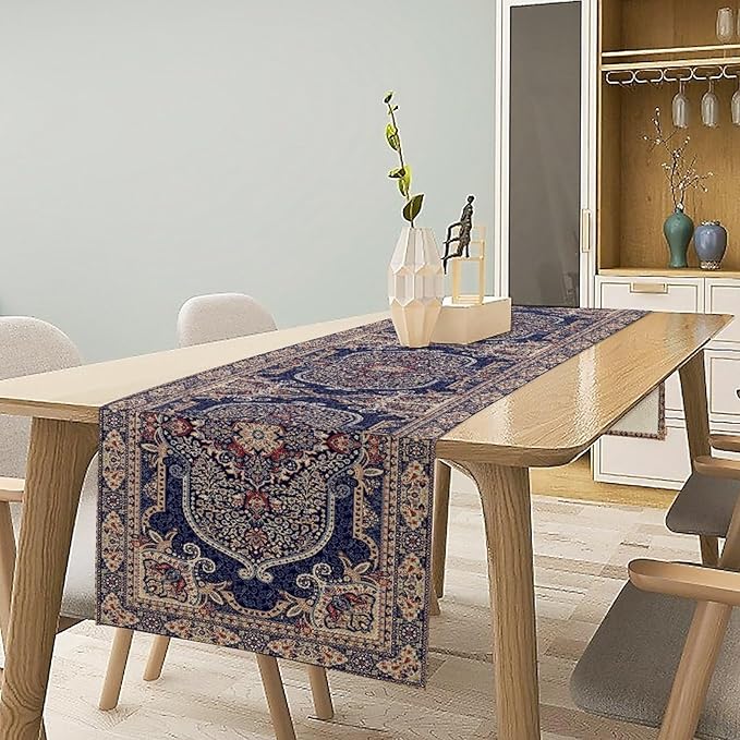 Boho Floral Vintage Table Runner, Blue Purple Retro Flower Rustic Country Farmhouse Pattern for Home Kitchen Table Decor Dining Coffee Room Party Decor 13x36in