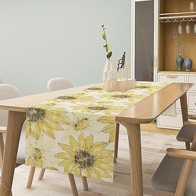 Chrysanthemum Vintage Floral Table Runner, Elegant Grunge Gray Sunflower Spring Summer Elegant Pattern Artichokes Flower Table Runner for Party Kitchen Dining Living Room Decor, 13x60 Inch