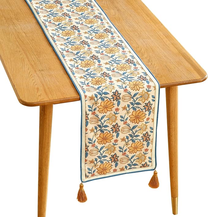 ISAENNE Designer Bohemian Elegant Linen Extra Long Table Runner 118 Inches,Floral Pattern Duable Decor Table Runners for Dining Tables,Thanksgiving,Kitchen Tables,Christmas,12"*118"-Estevan B