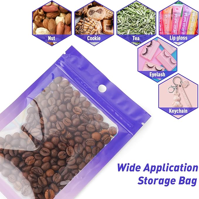 Funfery 100 Pack Holographic Bags,Resealable Bag with Zipper,Clear Window Packaging Pouch,Foil Bags for Food Storage,Sample Jewelry Baggies(4.7×7in,Purple Pink)