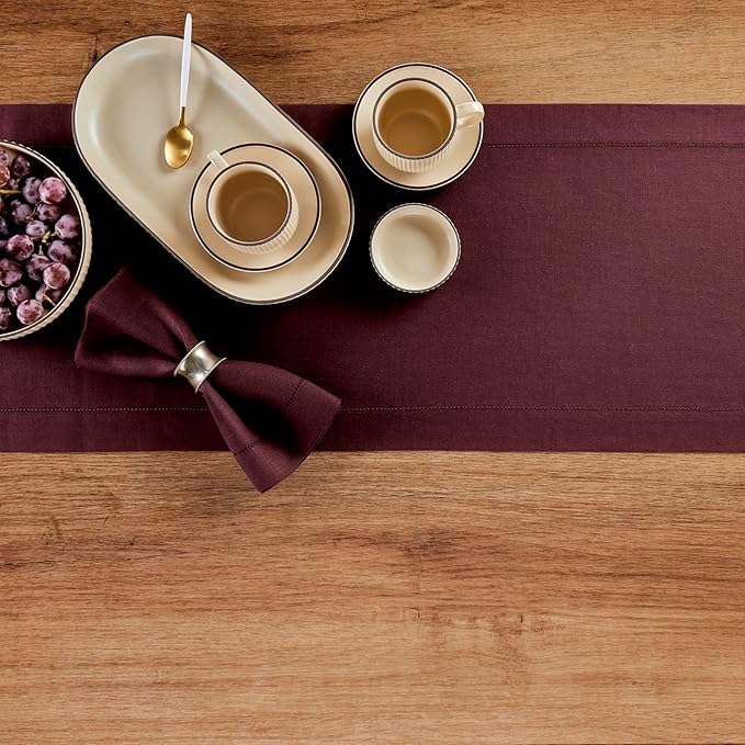 Solino Home Linen Table Runner 48 Inches - 100% Pure Linen Burgundy Hemstitch Table Runner 14 x 48 Inch Ideal for Dresser and Coffee Tables - Fall, Autumn, Thanksgiving, Holiday - Classic Hemstitch