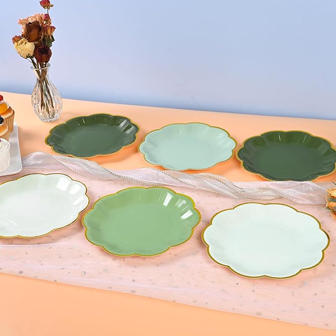 Sage Green Party Plates Gradient Green Dessert Paper Plate 7inch Gold Foil Scalloped Edge Disposable Cake Plates for Christmas Birthday Bridal Baby Shower Wedding Party Supplies (48)
