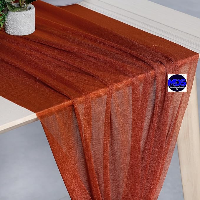 MDS 15 Pack 10ft Chiffon Table Runner 29 x 120 Inches Sheer Wedding Runner Romantic Rustic Table Runner for Wedding Decorations, Birthday Parties, Bridal Shower Party Arch Decor - Terracotta