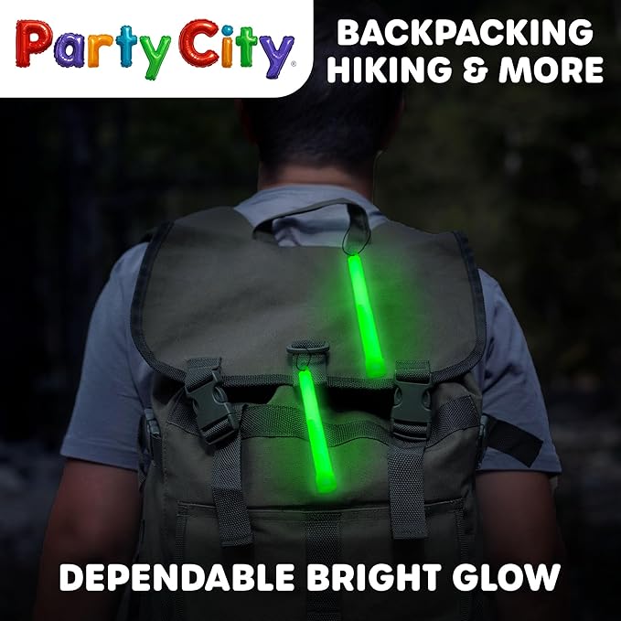 Party City Green Glow Sticks Bulk Pack 6”- 50pk Glow in the Dark Sticks for Kids, Waterproof Camping Survival Ultra Bright Emergency Light Stick with String, Neon Glowsticks Party Supplies Favors