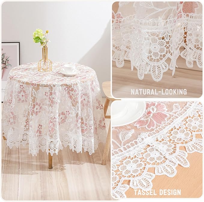 White Lace Tablecloth Round Embroidered Lace Tablecloth Vintage Decorative Exquisite Border Table Cover for Party Wedding Home Decorations, Round-48, White