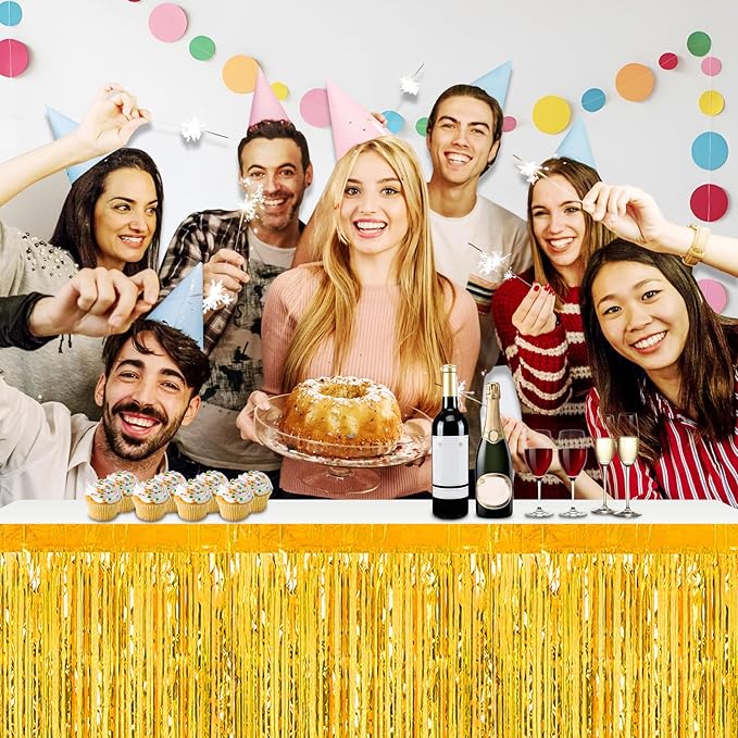 3 Pack 29x108 Inch Gold Foil Fringe Table Skirts Metallic Banner for Tinsel Streamer Garland Backdrop for Parade Floats Wedding Thanksgiving Birthday Christmas Halloween Party Decoration