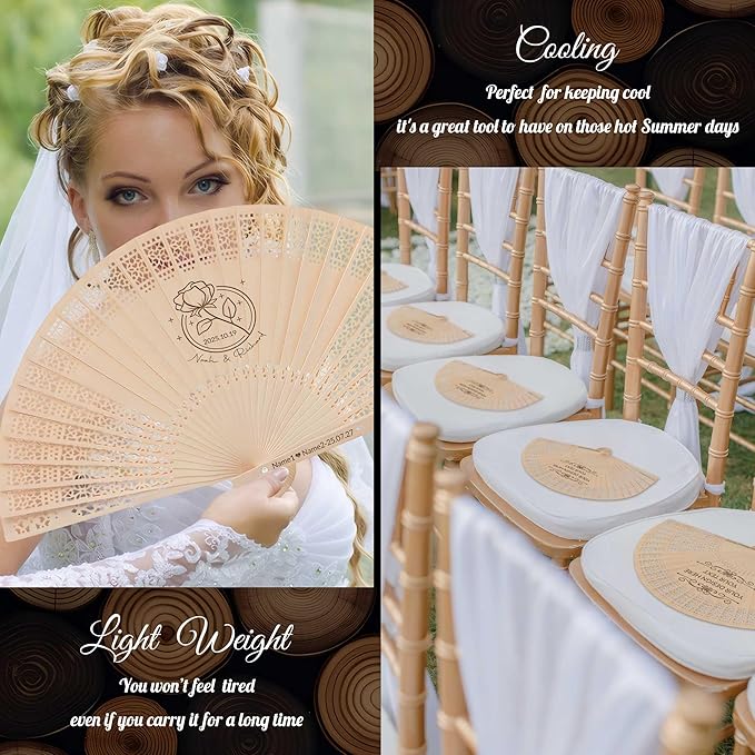 50 PCS Custom Fans Personalized Folding Fans for Line Dancing Wooden Hand Fan Wedding Favors Bulk Fans for Guests Party Event Use (Style10)