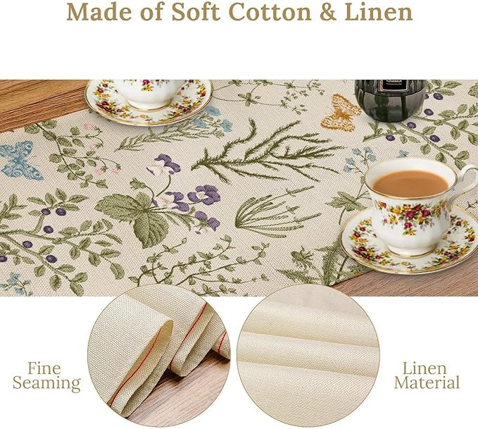 Floral Table Runner,Wildflower Spring Table Runner Seasonal Summer Butterfly Kitchen Dining Table Decoration for Home Party 13x72 Inch