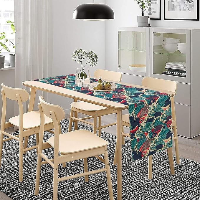 Kio Fish Table Runner Waves Japanese Tradition Art Printed Burlap Runner Home Kitchen Dining Table Living Room Decor Fabric 1 Panel W13xL120in