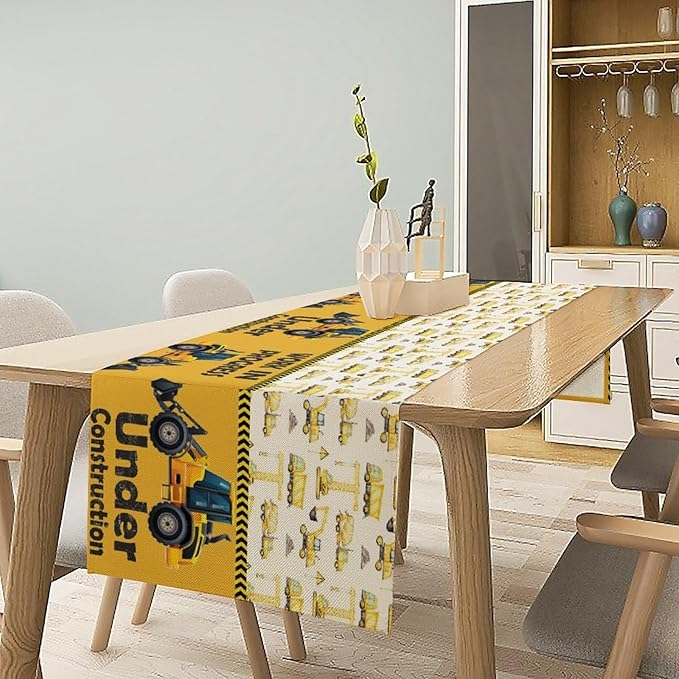 Cartoon Car Table Runner,Boys Kids Construction Vehicles Truck Yellow Print Tablecloth Burlap for Hotel Indoors Outdoor Dining Room Kitchen Home Decor,W13X L108 in