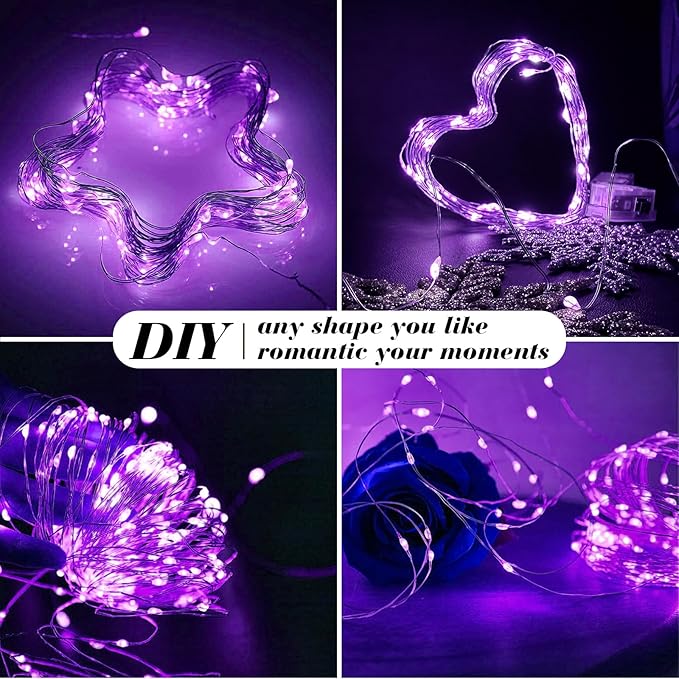 ZGWJ 24 Pack Fairy Lights Battery Operated, 7ft 20 Mini LED Fairy String Lights Silver Wire 3 Modes for DIY, Parties, Wedding, Bedroom, Halloween Christmas Decoration Purple