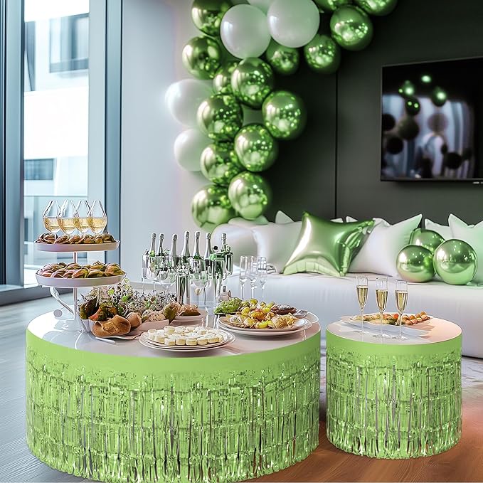 1 Pack Light Green Table Skirts, 29x108" Metallic Foil Tinsel Fringe Table Skirts for Rectangle Tables Streamer Curtains Backdrop, Party Decorations for Birthdays Weddings Holidays