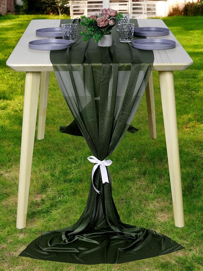MDS Halloween Chiffon Table Runner - 25 Pack, 29 x 170 Inches, 14ft Each - Sheer Spooky Table Runners for Haunted House Parties, Trick-or-Treat Tables, Witchy Décor, Wedding & Events - Olive Green