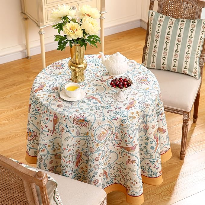 patdrea Designer Yellow French Round Tablecloth,Rustic Linen Floral Birds Table Cloth,Fall Decor Table Cover for Kitchen Dining Holiday Banquet,Christmas,Thanksgiving,Diameter 67"-Magnolia