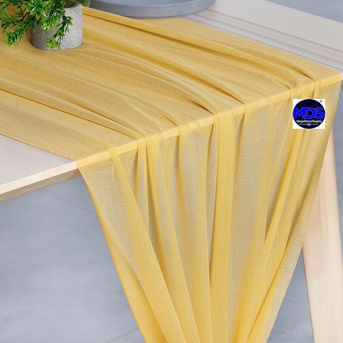 MDS 15 Pack 10ft Chiffon Table Runner 29 x 120 Inches Sheer Wedding Runner Romantic Rustic Table Runner for Wedding Decorations, Birthday Parties, Bridal Shower Party Arch Decor - Gold
