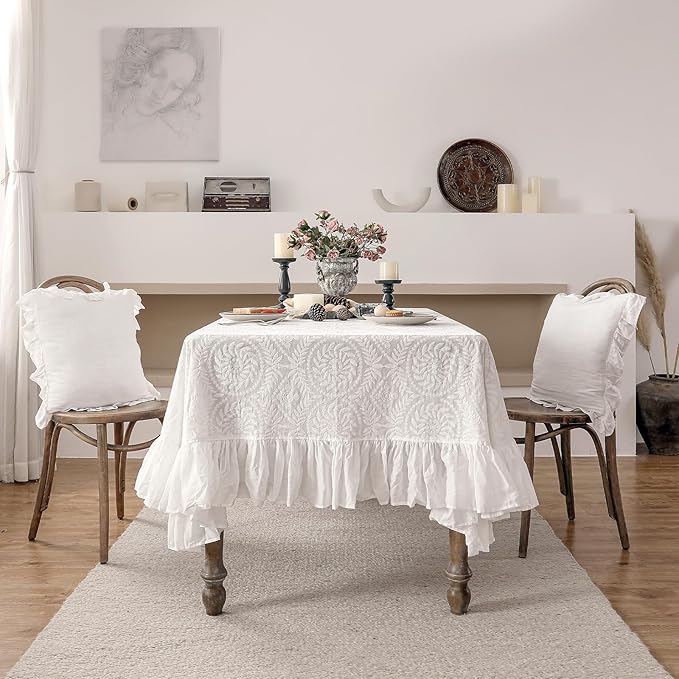 patdrea Vintage Ruffle Tablecloth for Square Tables,Farmhouse Embroidered Cotton White Lace Table Cloth Cover Decor for Dining Room Wedding Banquet Thanksgiving Christmas,59"*59"