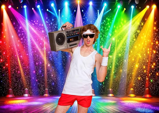LTLYH 10x8ft Fabric Disco Rainbow Stage 70s 80s 90s Backdrop Vintage Lights Photography Background Rock Music Club Neon Glow Party Decorations Photo Banner 312