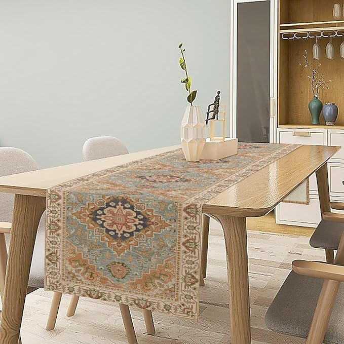 Vintage Boho Floral Table Runner, Rustic Country Farmhouse Grey Blue Orange Bohemia Flower Pattern for Home Kitchen Table Decor Dining Coffee Room Party Decor 13x60in