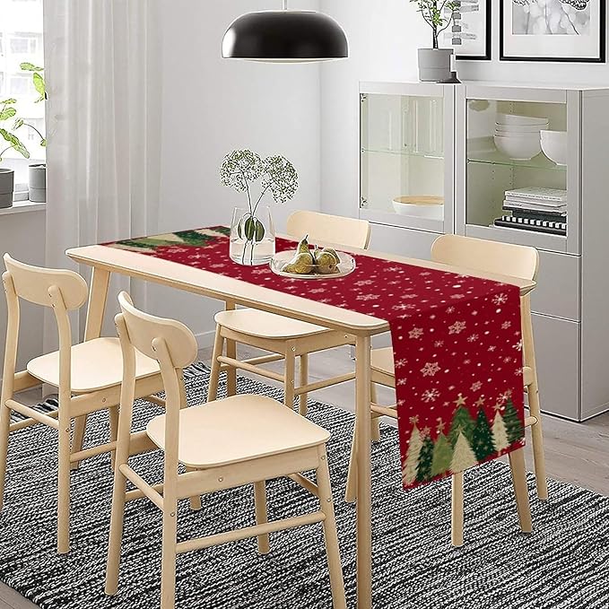 Merry Christmas Table Runner,Red Christmas Tree Snowflake Winter Seasonal Table Cloth Kitchen Dining Table Decoration for Home Party Decor 13x36 Inch