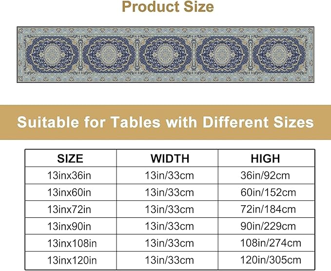 Boho Bohemia Style Blue Teal Table Runner, Country Rustic Farmhouse Magical Abstract Print Pattern for Home Kitchen Table Decor Dining Coffee Room Garden Party Decor 13x120in