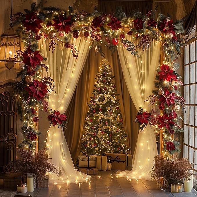 Fomcet Tulle Curtains with Lights String Ivory 20FT X 8FT Sheer Backdrop Curtains for Parties Wedding Baby Shower Photo Shoot Decorations (4 Panels 5 x 8FT)